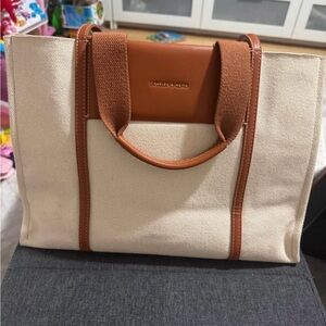 Charles & Keith Cream Canvas Tote with Tan Trim
